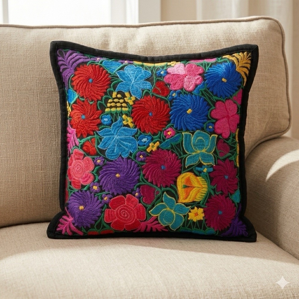 Guatemalan Huipil Hand Embroidered Floral Cotton Pillow Cover 18x18 Zipper Boho